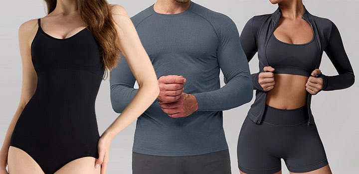 Horizontal product banner collage showcasing full seamless compression & shapewear line: women’s black tummy-control cami bodysuit, men’s grey ribbed long-sleeve compression tee, women’s matching zip jacket + sports bra + high-waist shorts set; moisture-wick stretch knit, targeted compression shaping fabric for postpartum, gym, yoga & daily layering, OEM factory wholesale activewear & shapewear range.