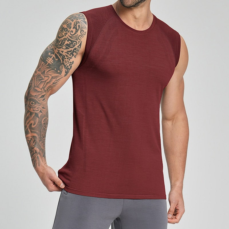 Menโs burgundy marl seamless athletic tank top with perforated vented raglan shoulder panels, crew neck sleeveless performance knit for gym training.