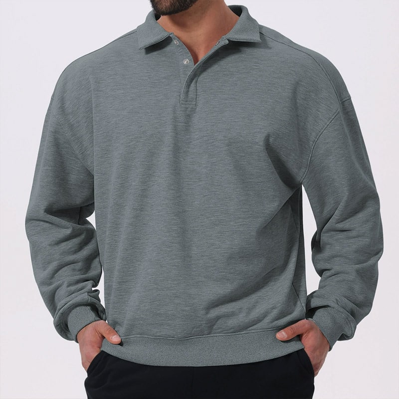 Form-flattering athletic long sleeve polo constructed with breathable heather knit, moisture-wick stretch yarn, tagless interior, ribbed sleeve cuffs and bottom hem, suitable for training, travel and smart casual outfits.