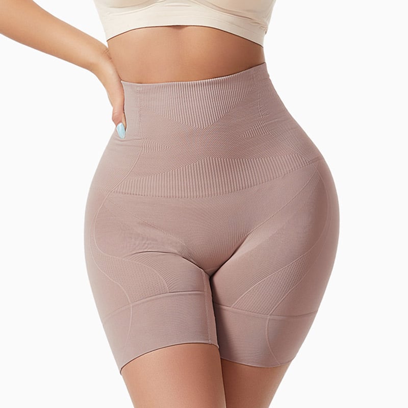 Studio close-up shot of woman stretching beige high compression postpartum girdle, wide ribbed seamless waist trainer band, firm elastic compression knit, non-slip upper edge, targeted abdominal support for postpartum recovery, waist slimming and everyday shaping.