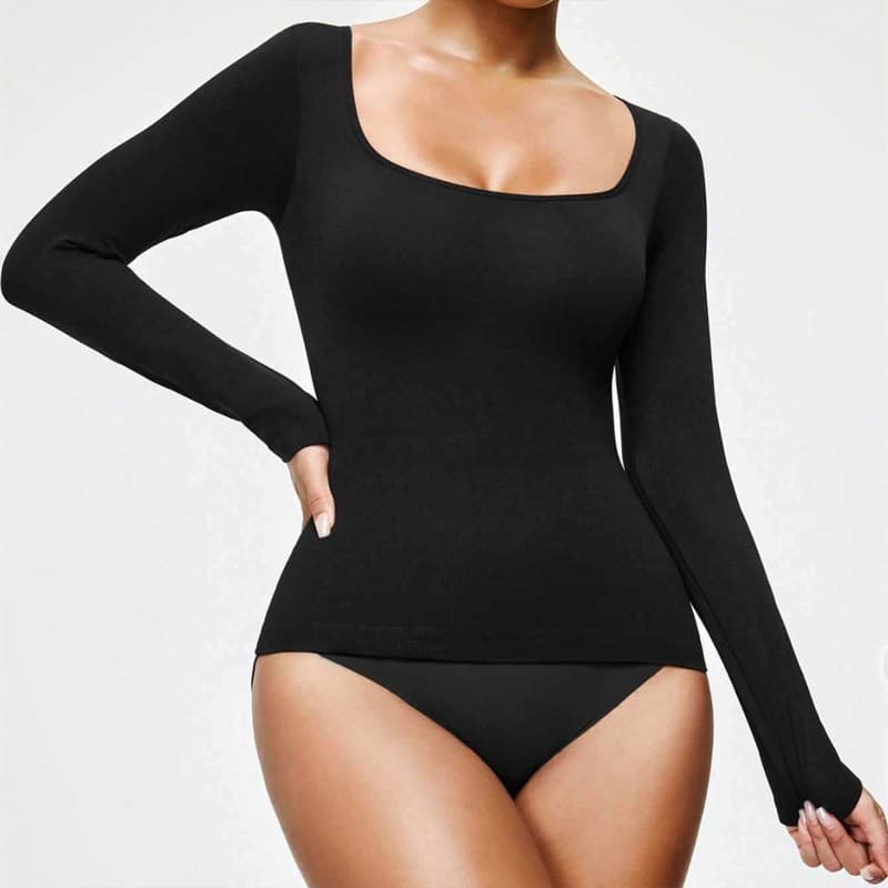 Studio model shot of womenโs black fitted long sleeve camisole tank top, deep square scoop neck, slim full-length sleeves, vertical rib seamless stretch knit, body-hugging shaping fit ideal for yoga layering, everyday athleisure and base layer wear.
