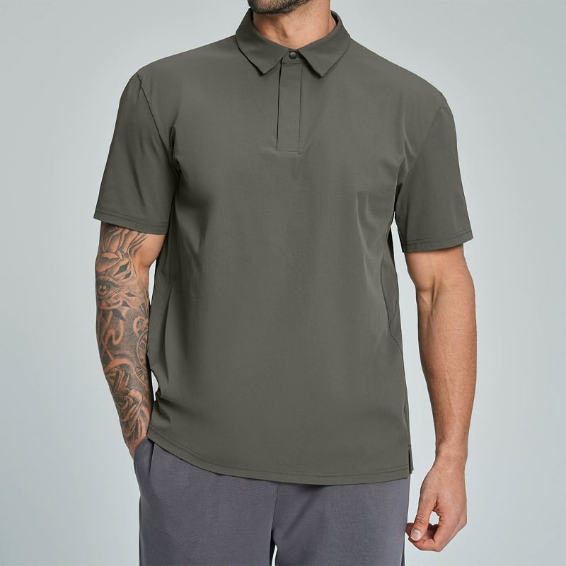 Studio shot of menโs olive eco blended knit polo shirt, hidden single snap placket, smooth recycled fiber blend fabric, relaxed athletic fit, lightweight wrinkle-resistant sustainable knit for golf & business casual.
