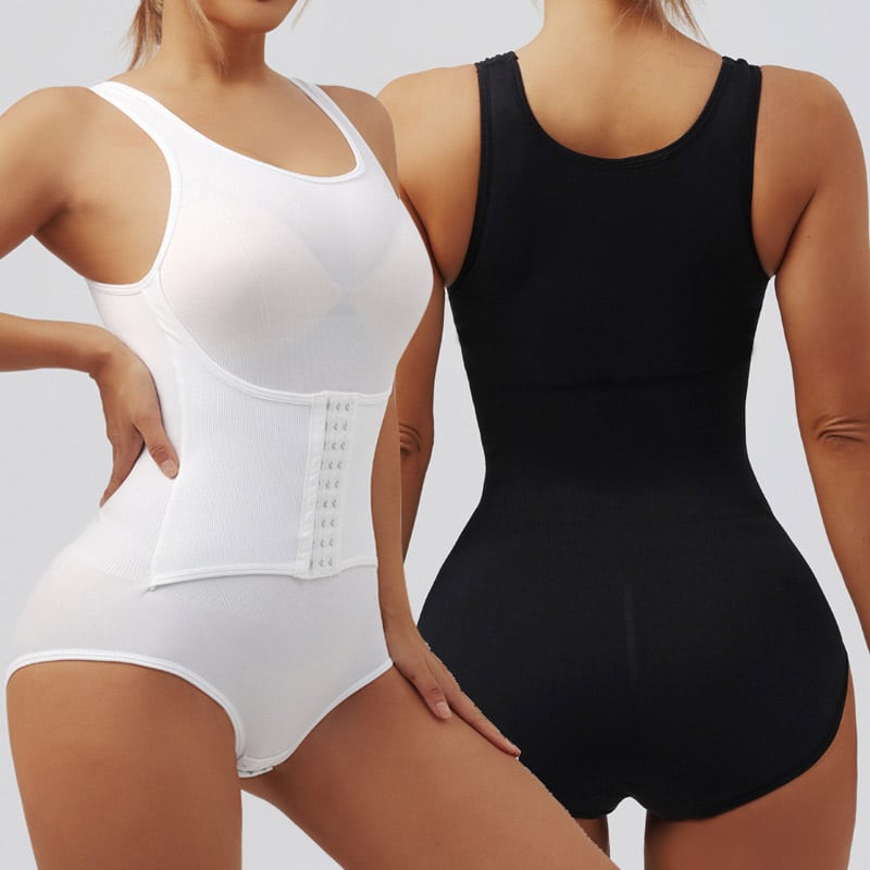 Dual front-back studio shot of womenโs targeted tummy control bodysuits in white and black, wide tank shoulder straps, front multi-row hook-and-eye compression panel for abdominal shaping, seamless rib knit waist sculpting fabric, U-back design, breathable stretch shapewear for daily & post-partum wear.