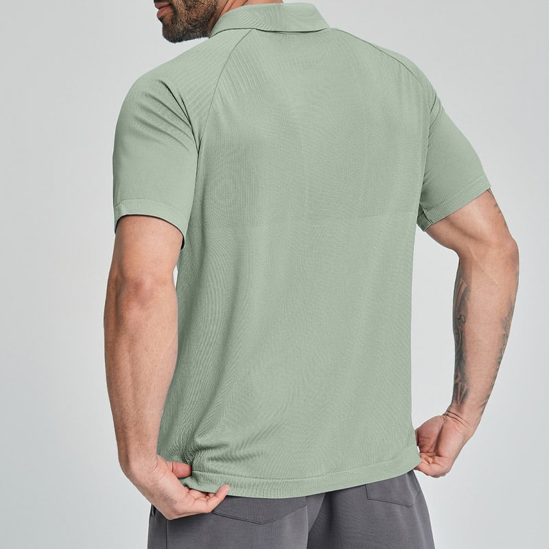 Rear studio shot of menโs sage ultra-light breathable mesh polo, full seamless micro-mesh back & raglan shoulder panels, lightweight perforated knit construction, stretch hem, sweat-wicking performance fabric for golf & hot-weather activewear.