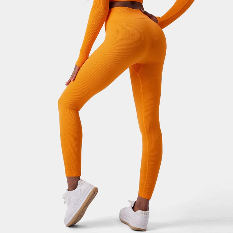Back-side studio shot of womenโs vibrant orange seamless ribbed leggings, vertical fine rib knit full body texture, wide rib compression high waistband, body contour sculpt fit, stretch moisture-wick nylon spandex fabric, matched rib long sleeve top available, suitable for yoga, gym training and daily athleisure, OEM seamless ribbed activewear leggings supplier.