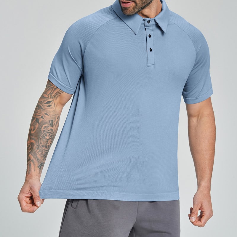 Studio shot of menโs light blue blank performance polo shirt, raglan short sleeve design, classic lapel collar with 3-button placket, lightweight breathable moisture-wick knit fabric, wrinkle-resistant athletic fabric suitable for gym, casual sport and corporate uniform, wholesale blank gym polo apparel manufacturer.