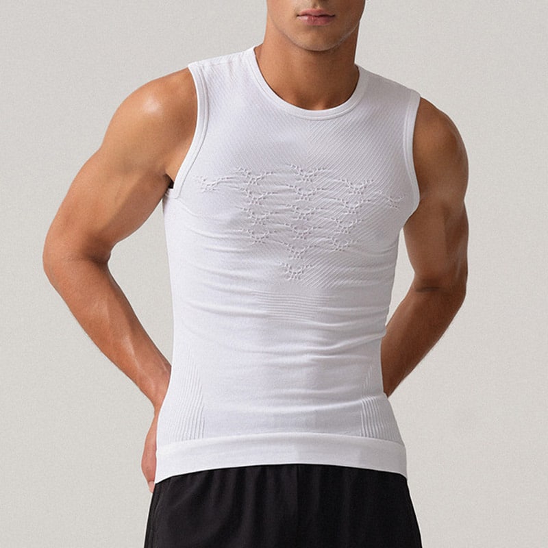 Studio shot of menโs white seamless compression sleeveless tank top, round neck fitted athletic vest, engineered chest hollow mesh ventilation panels, diagonal rib knit 4-way stretch fabric, sweat-wick body shaping compression base layer for gym, running and daily shaping wear, OEM seamless compression garment wholesale supply.
