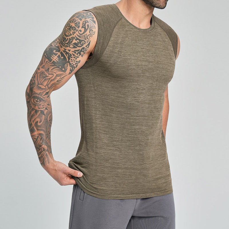 Front-side studio shot of menโs olive heather technical compression shirt, sleeveless round neck design, fitted athletic cut, textured heather performance knit fabric, stretch moisture-wicking compression fit for gym, running, training and layering, OEM technical performance compression clothing manufacturer.