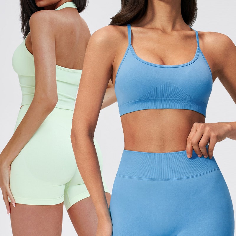 Dual-view studio collage of womenโs custom seamless activewear sets: front light blue thin-strap U-neck sports bra with rib underband & high waist biker shorts; back view mint green halter seamless crop tank + matching biker shorts, buttery soft nylon spandex knit, seamless contour sculpt design, sweat-wick squat-proof fabric for yoga gym athleisure, OEM custom seamless sports bra & crop top wholesale manufacturer.